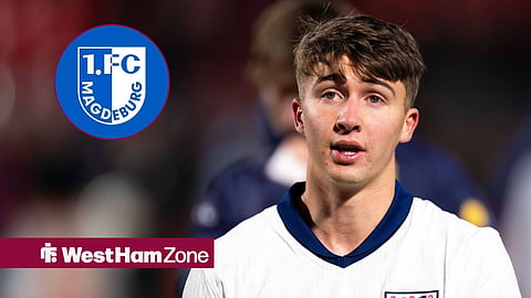 West Ham's George Earthy representing England and Magdeburg's crest in a circular inset