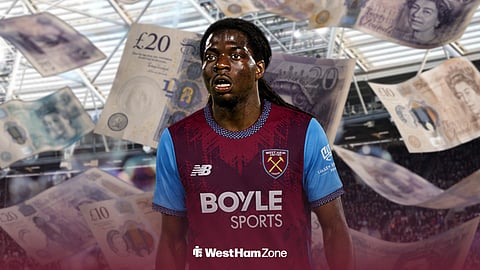 Bastien Meupiyou in a West Ham kit with money falling behind him at London Stadium