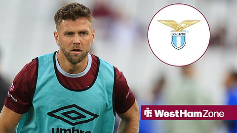 West Ham United's Niclas Fullkrug with Lazio's crest in a circular inset