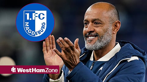 West Ham United manager Nuno Espirito Santo and Magdeburg's crest in a circular inset