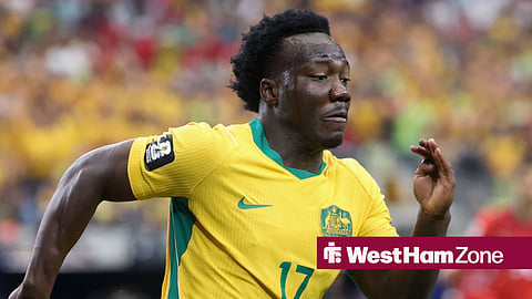 Nestory Irankunda in action for Australia at the 2026 World Cup