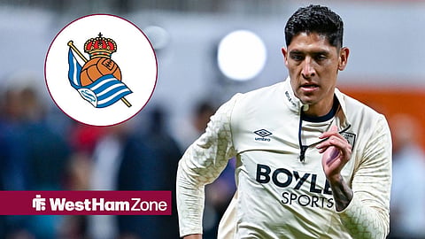 Edson Alvarez warming up for West Ham United and Real Sociedad's crest in a circular inset