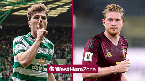 Arne Engels of Celtic FC celebrating and Belgium's Kevin De Bruyne during the 2026 World Cup.