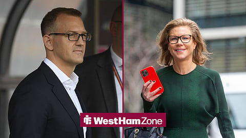 Daniel Kretinsky straight-faced in image split with Amanda Staveley smiling