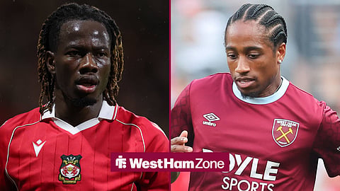 Issa Kabore in action for Wrexham and West Ham United's Kyle Walker-Peters