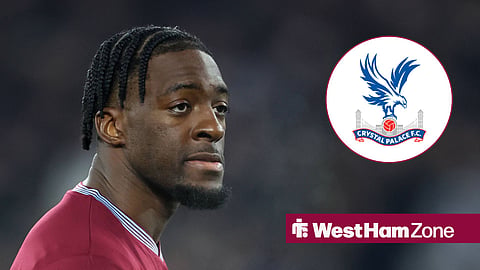 Axel Disasi in action for West Ham and Crystal Palace badge in inset