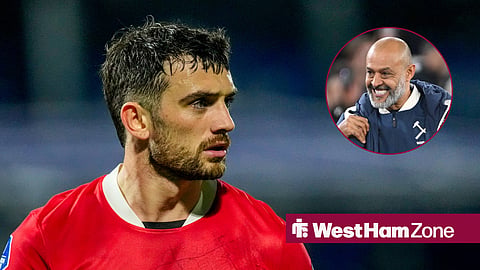 AZ Alkmaar striker Troy Parrott and West Ham United manager Nuno Espirito Santo in a circular inset