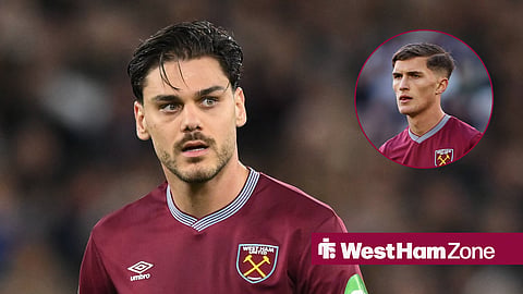 West Ham defender Konstantinos Mavropanos and former West Ham midfielder Freddie Potts in a circular inset