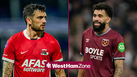 Troy Parrott in action for AZ Alkmaar with Pablo in action with West Ham