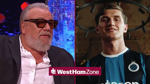 Ray Winstone speaking looking towards Freddie Potts in a Club Brugge shirt