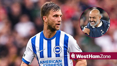Joel Veltman in action for Brighton with Nuno Espirito Santo smiling in circular inset