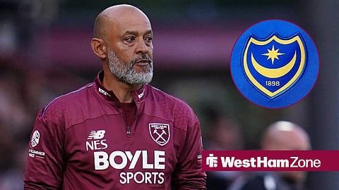 Nuno Espirito Santo managing West Ham looking towards the Portsmouth badge