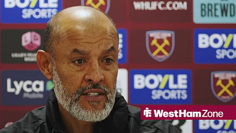 Nuno Espirito Santo speaking at a West Ham press conference in August 2026