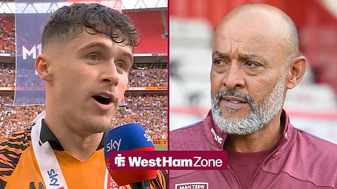 Ryan Giles speaking during a Sky Sports interview on the left with Nuno Espirito Santo on the right for West Ham