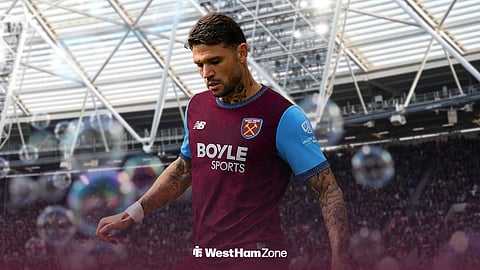 Morato in a West Ham shirt with London Stadium background