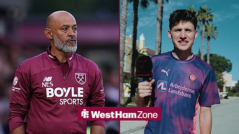 Nuno Espirito Santo on the left with West Ham with Mikel Gogorza doing an interview with FC Midtjylland on the right
