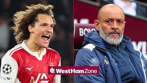 Split image of Wout Faes and West Ham United manager Nuno Espirito Santo