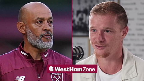 Nuno Espirito Santo on the touchline for West Ham on the left with Melvin Bard looking on from the right