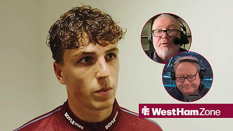 West Ham midfielder Arne Engels, and talkSPORT hosts Ally McCoist and Alan Brazil in circular insets.