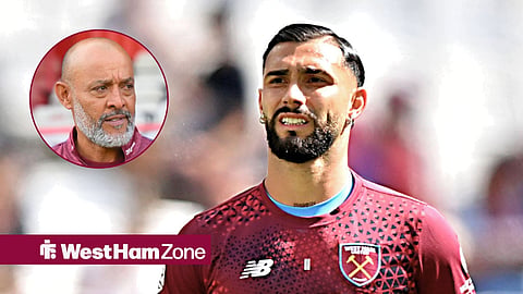 Main image of Taty Castellanos warming up for West Ham and Nuno Espirito Santo's face in a circular inset on the left