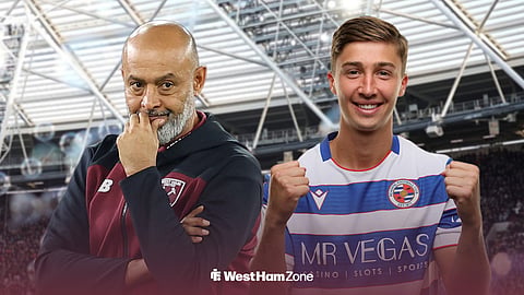 Nuno Espirito Santo of West Ham and George Earthy wearing Reading FC kit ahead of the London Stadium.