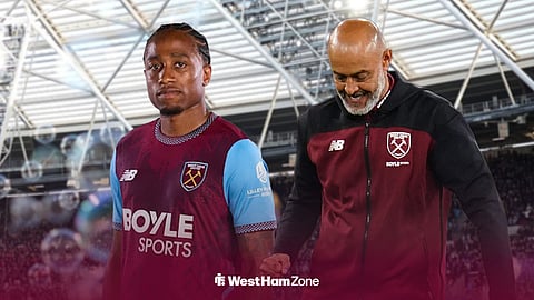 West Ham United defender Kyle Walker-Peters and West Ham manager Nuno Espirito Santo with London Stadium background