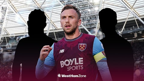 Jarrod Bowen with two silhouetted players beside him at London Stadium