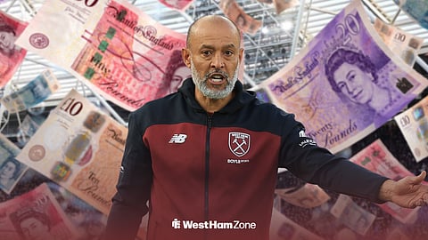 Nuno Espirito Santo at London Stadium with money falling behind him