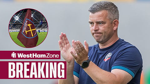 Steven Schumacher clapping at Bolton Wanderers towards a circle inset of the London Stadium