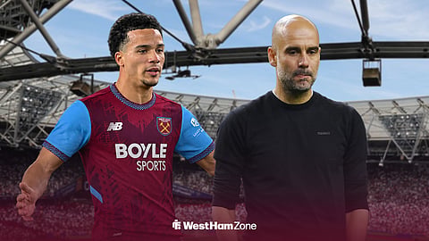 Divine Mukasa playing for West Ham United and former Manchester City manager Pep Guardiola in front of London Stadium.