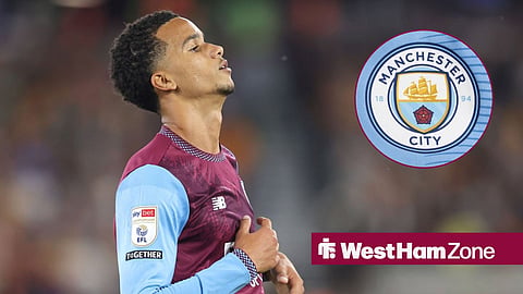Divine Mukasa playing for West Ham looking towards a Manchester City badge