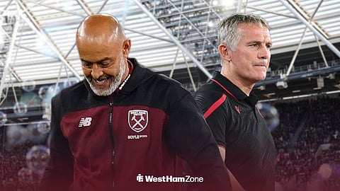 Nuno Espirito Santo looking happy at West Ham and Phil Parkinson looking annoyed at Wrexham