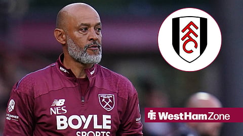 West Ham United manager Nuno Espirito Santo with Fulham's crest in a circular frame inset