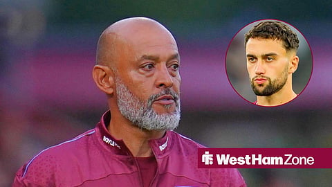 Main image of West Ham manager Nuno Espirito Santo and Max Kilman's face in a circular inset on the right