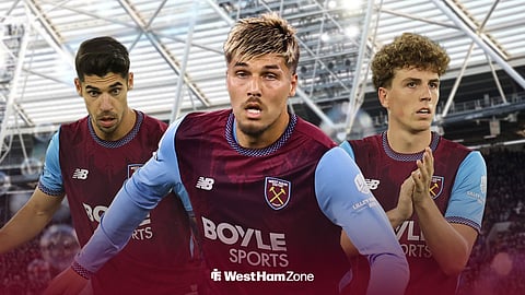 Manor Solomon and Arne Engels either side of Joel Piroe in West Ham action ahead of London Stadium
