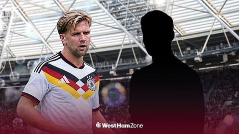 West Ham's Niclas Fullkrug wearing a Germany shirt with a player silhouette and the London Stadium background