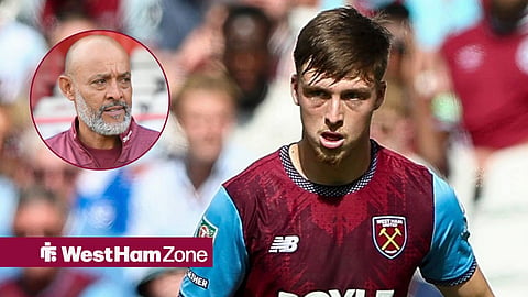 Ollie Scarles playing for West Ham and Nuno Espirito Santo looking annoyed