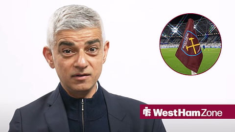 Sadiq Khan speaking in an interview, with a West Ham United corner flag at the London Stadium in a circular frame inset to his right