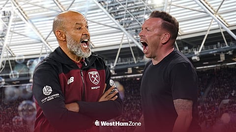 Nuno Espirito Santo and Craig Bellamy shouting in the direction of one another at the London Stadium.