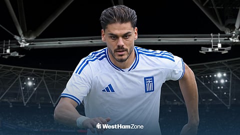 West Ham United's Konstantinos Mavropanos wearing a Greece shirt with London Stadium background