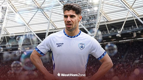 West Ham United's Manor Solomon wearing an Israel shirt with London Stadium background