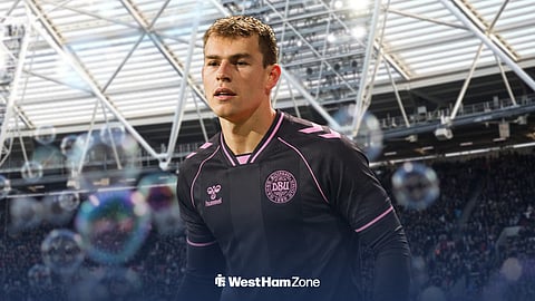 West Ham United's Mads Hermansen wearing a Denmark shirt with London Stadium background