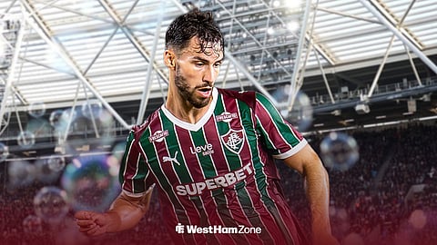 Martinelli, Fluminense midfielder, looking left in action ahead of the London Stadium