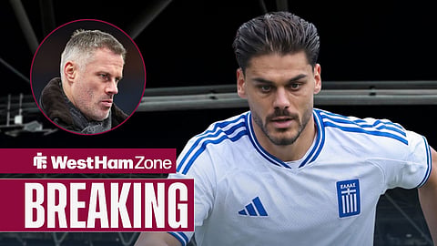 Jamie Carragher looking at West Ham United FC's Konstantinos Mavropanos, who is in action for Greece.