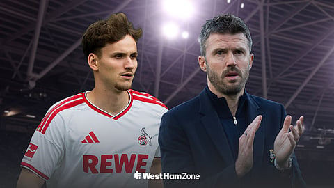 Michael Carrick and Rav van den Berg in action for FC Koln ahead of West Ham's ground, the London Stadium