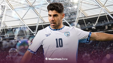 West Ham United's Manor Solomon in action for Israel with London Stadium and bubbles in the background