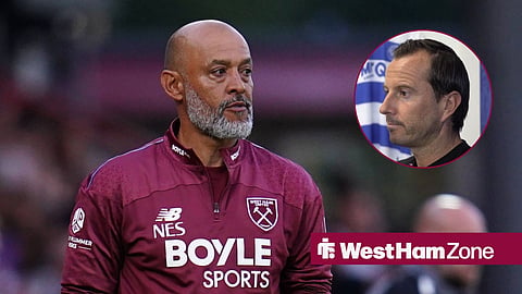Nuno Espirito Santo looking on at West Ham with QPR manager Julien Stephan in circular inset