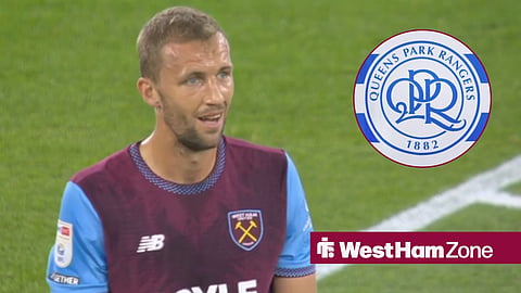 Tomas Soucek playing for West Ham looking at QPR badge