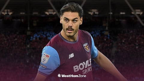 Konstantinos Mavropanos playing for West Ham at the London Stadium