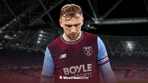 West Ham United's Jarrod Bowen looking sad with London Stadium background
